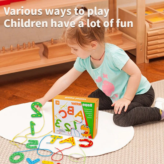 Wooden Number Letter Rope Game Montessori Early Childhood Educational Toys Creative Cognitive Rope Threading Toy Puzzle Game