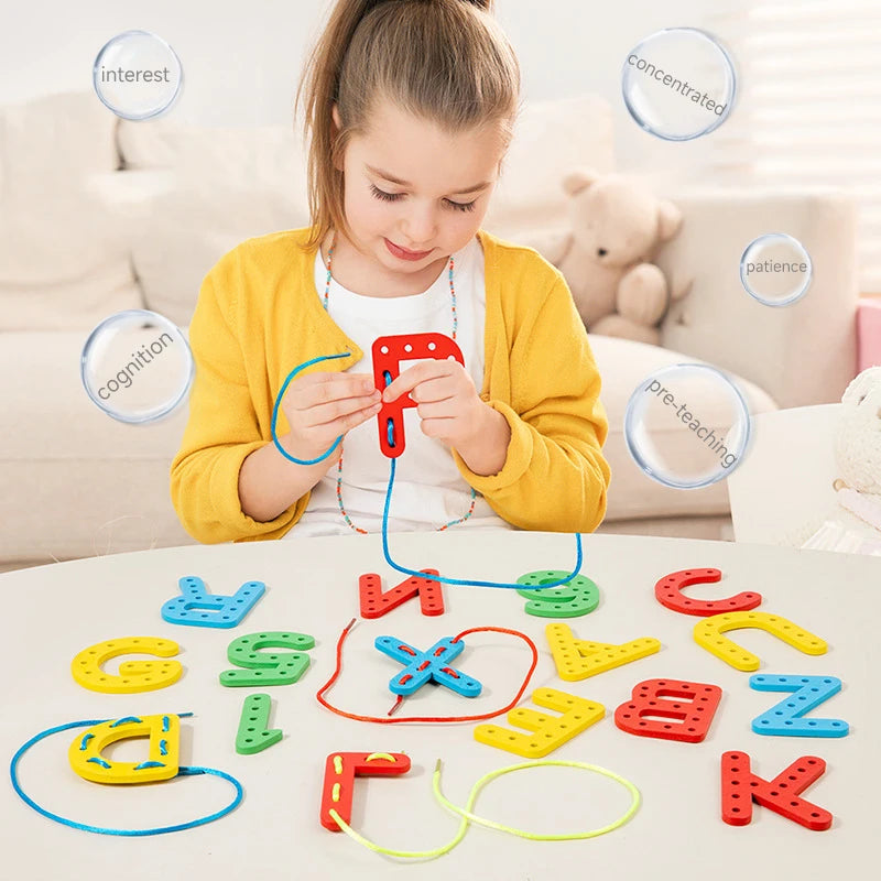 Wooden Number Letter Rope Game Montessori Early Childhood Educational Toys Creative Cognitive Rope Threading Toy Puzzle Game