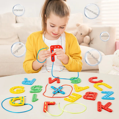 Wooden Number Letter Rope Game Montessori Early Childhood Educational Toys Creative Cognitive Rope Threading Toy Puzzle Game
