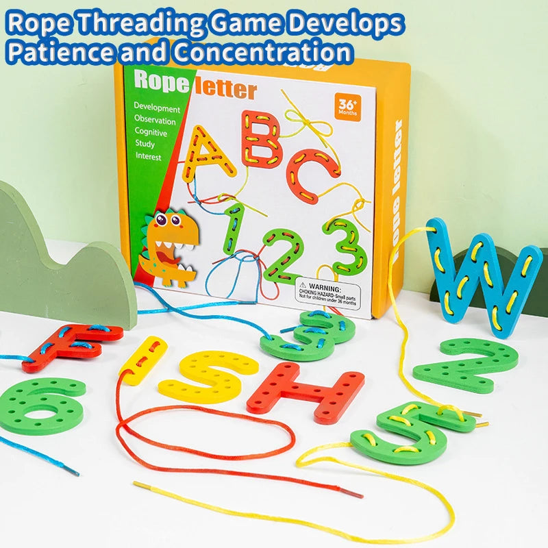 Wooden Number Letter Rope Game Montessori Early Childhood Educational Toys Creative Cognitive Rope Threading Toy Puzzle Game