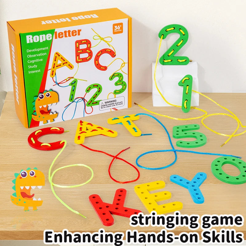Wooden Number Letter Rope Game Montessori Early Childhood Educational Toys Creative Cognitive Rope Threading Toy Puzzle Game