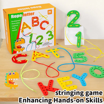 Wooden Number Letter Rope Game Montessori Early Childhood Educational Toys Creative Cognitive Rope Threading Toy Puzzle Game