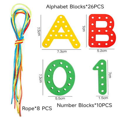 Wooden Number Letter Rope Game Montessori Early Childhood Educational Toys Creative Cognitive Rope Threading Toy Puzzle Game
