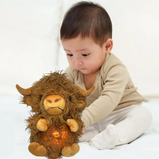 Highland Cow Stuffed Animals Plush Toy Breathing Highland Cow Anxiety Relief Plush Toys with Music Lights & Rhythmic Breathing